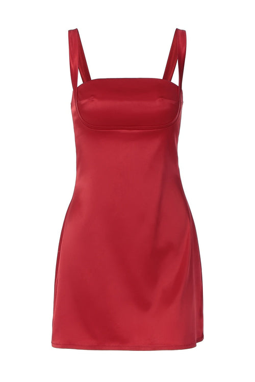 Red Satin Square Neck Short Dress