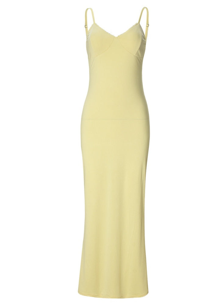 Yellow Simple Straps Fitted Long Dress