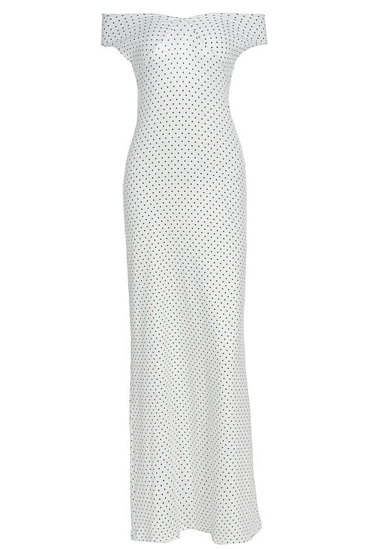 White Off-shoulder Polka Dot Long Dress