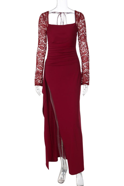 Wine Red Long Sleeves Frill Slit Long Dress