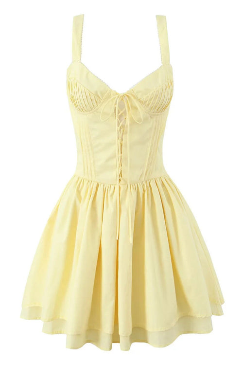 Yellow V-neck Lase-up Ruffle Party Dress