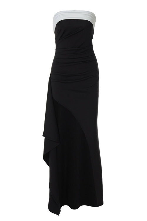 Strapless Black Ruched Frill Long Party Dress