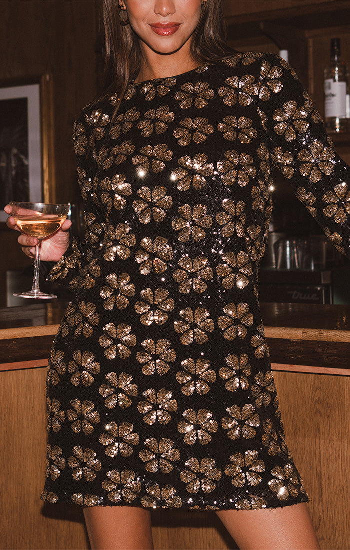 Maddison Mini Dress ~ Flower Pop Gold Sequins
