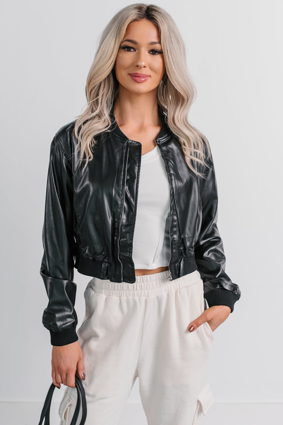 Crown Moment Faux Leather Crop Jacket (Black)