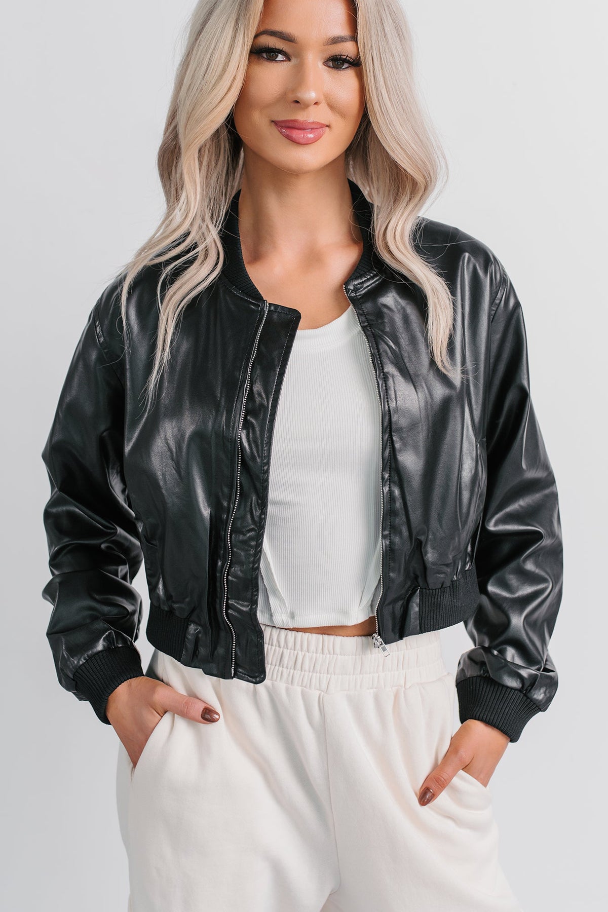 Crown Moment Faux Leather Crop Jacket (Black)