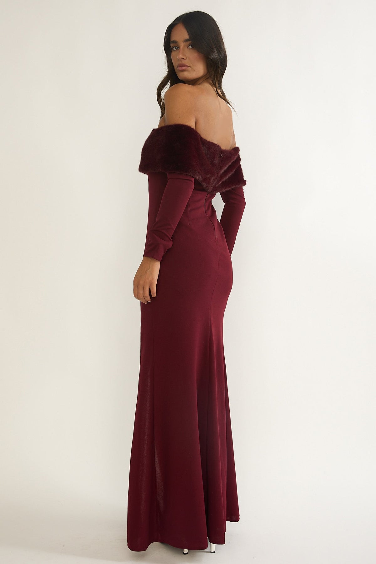 Noella Off-Shoulder Fur Trim Maxi Dress Wine