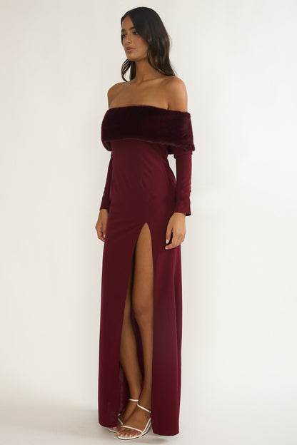Noella Off-Shoulder Fur Trim Maxi Dress Wine