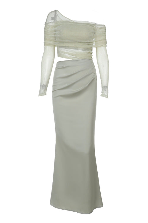 Sage Green Long Sleeves Ruched Long Dress