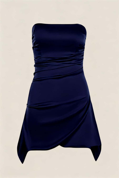 Strapless Navy Blue Ruched Short Dress