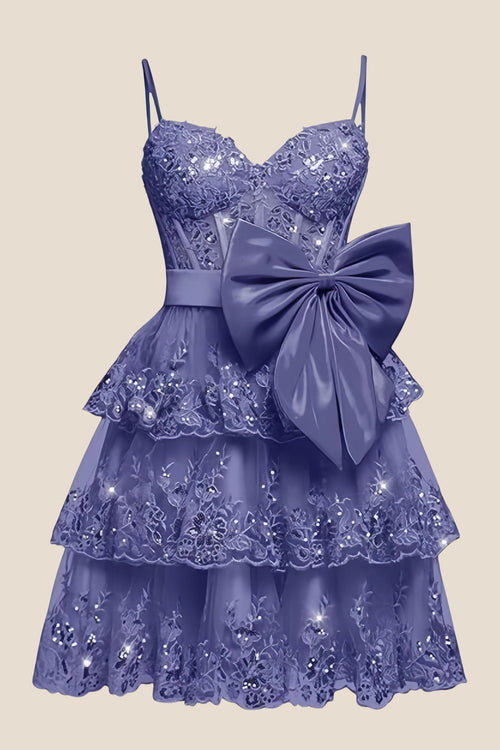 Straps Navy Appliques Tiered Short Dress with Bow