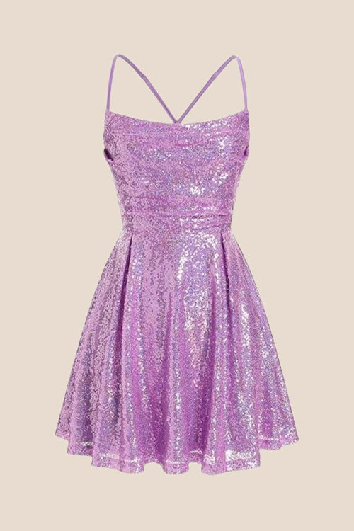 Square Neck Lilac Ruched Sequin Short Dress