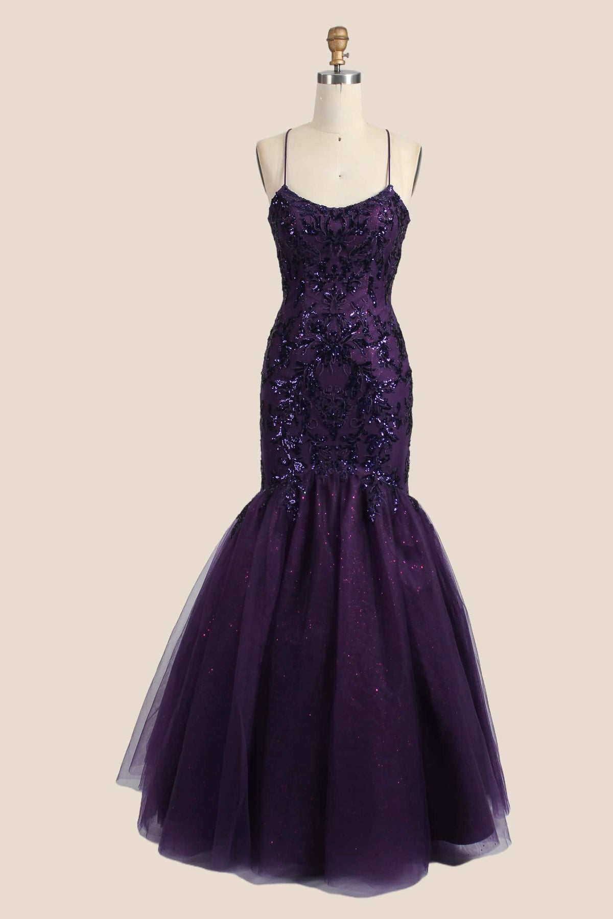 Straps Purple Appliques Mermaid Long Dress