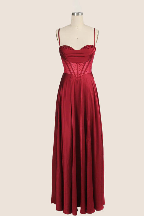 Wine Red Beaded Corset A-line Prom Dress