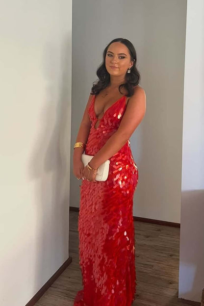 Sexy Plunge Red Sequin Fitted Long Party Dress