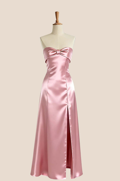 Pink Satin Knot A-line Long Bridesmaid Dress