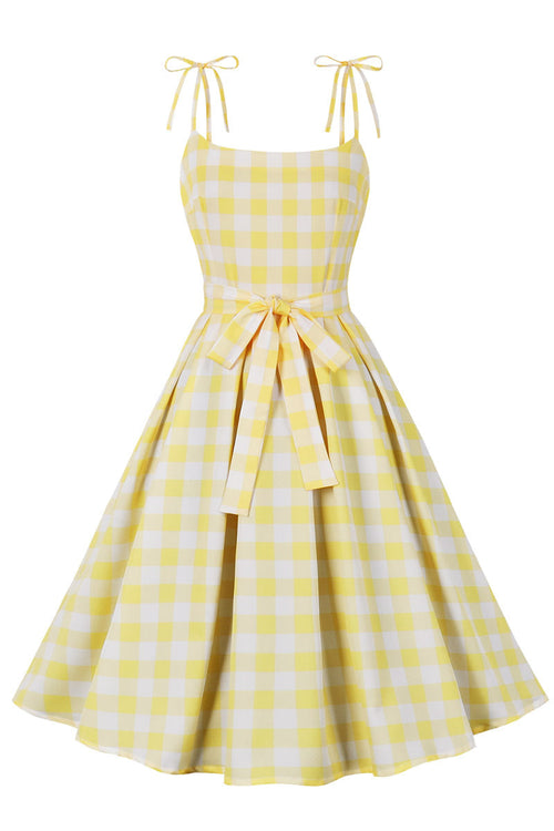 Yellow Plaid Swing Dress with Sash