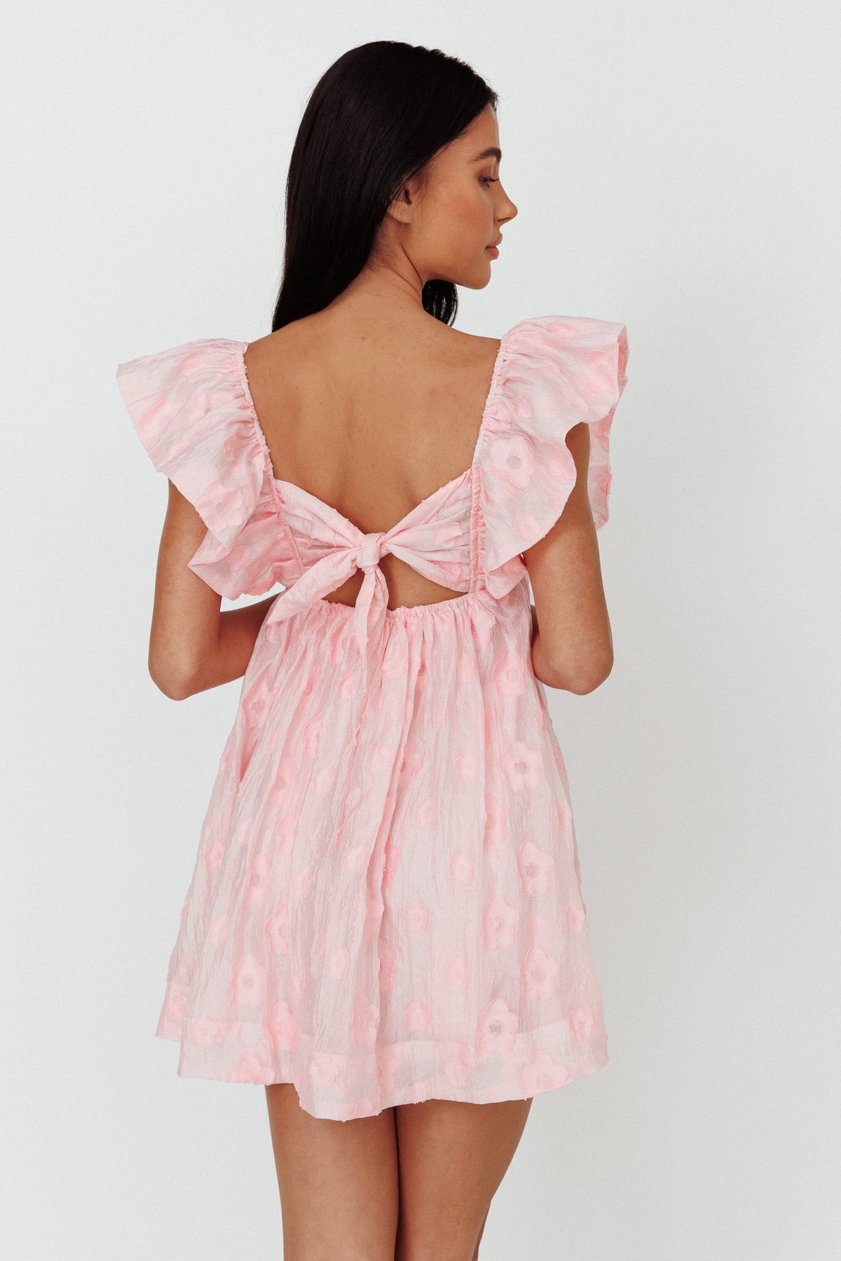 Melrose Place Floral Textured Frill Dress Pink