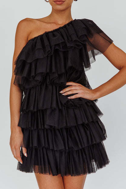 Tomi Layered Frill One-Shoulder Mini Dress Black