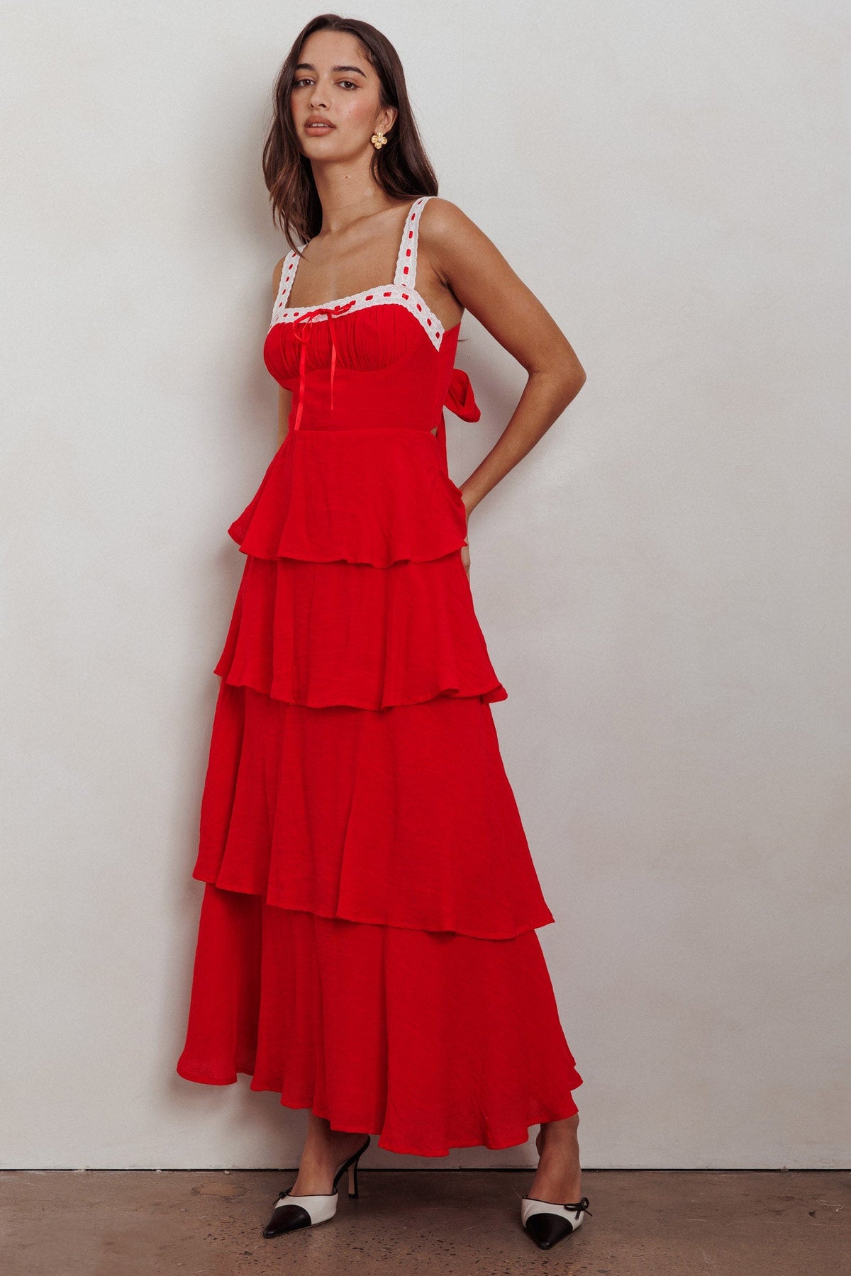 Provence Bloom Tiered Ruffle Maxi Dress Red