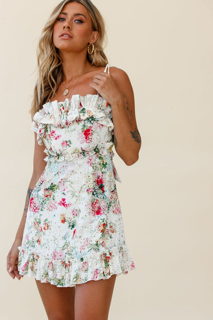 Frill Seeker Eyelet Embroidery Tied Back Dress Floral Print Multi
