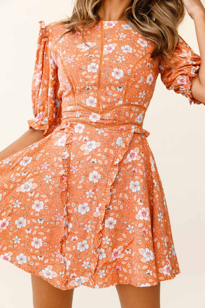 First Impressions Puff Sleeve Keyhole Back Dress Floral Print Orange/Pink
