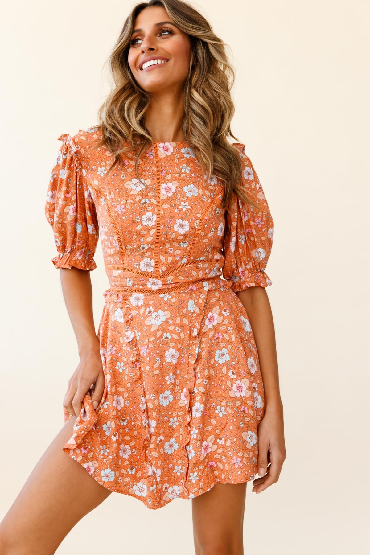 First Impressions Puff Sleeve Keyhole Back Dress Floral Print Orange/Pink