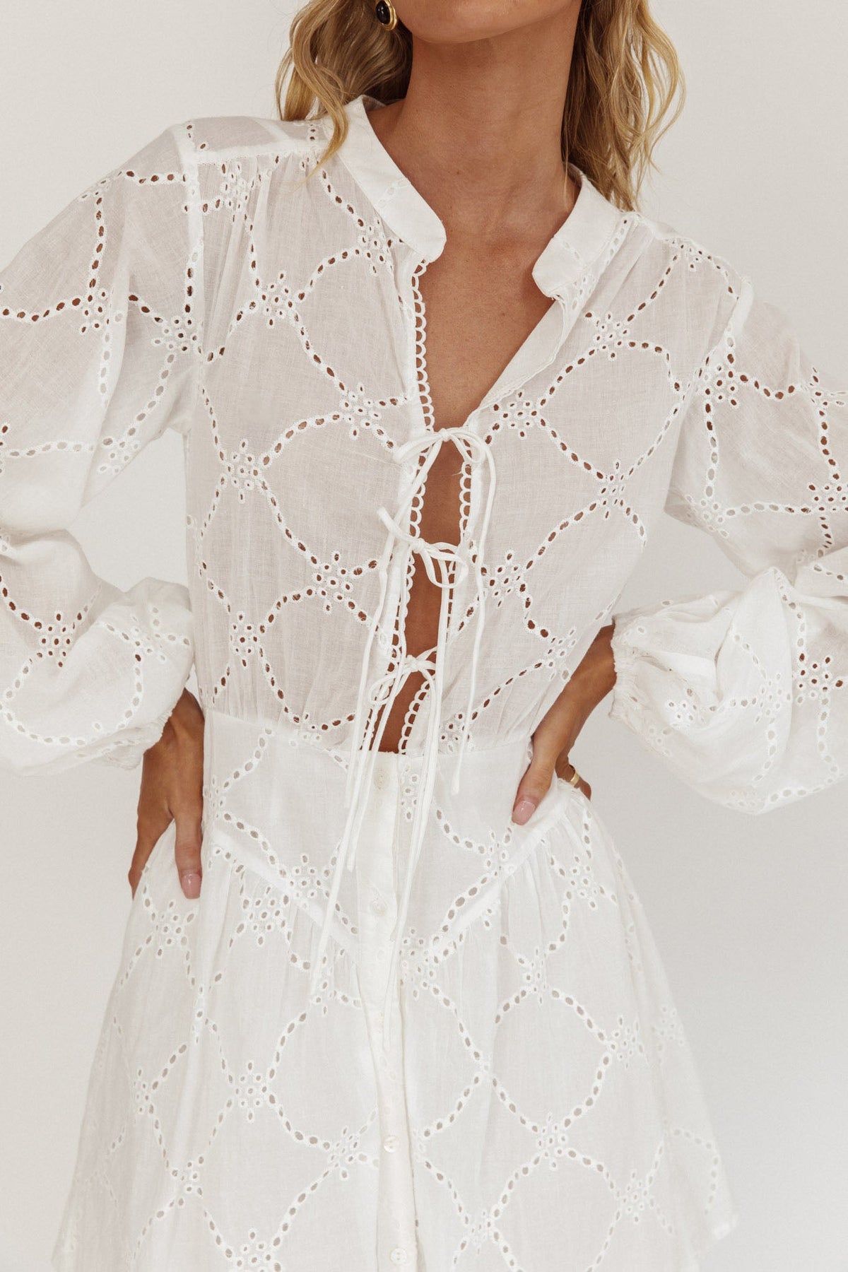 Flossy Eyelet Overlay Tie Mini Dress White