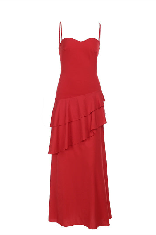 Straps Red Chiffon Tiered Maxi Dress