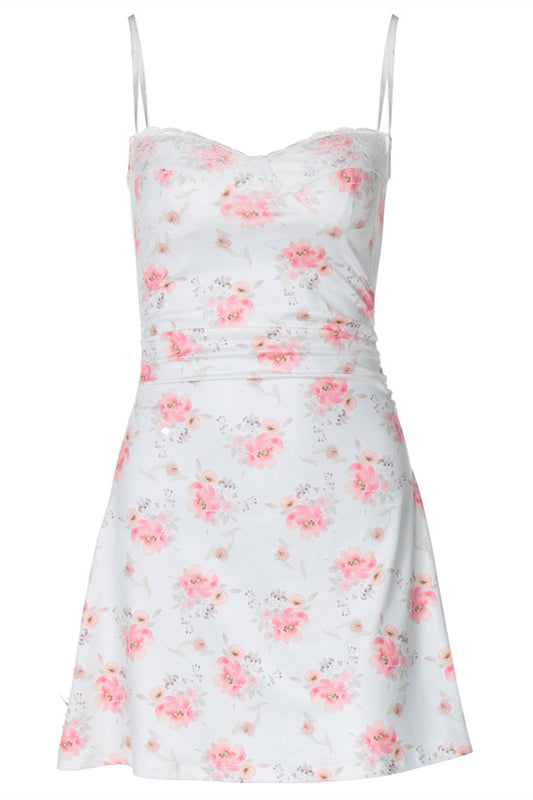 Straps White Floral Print Lace Stitching Short Dress
