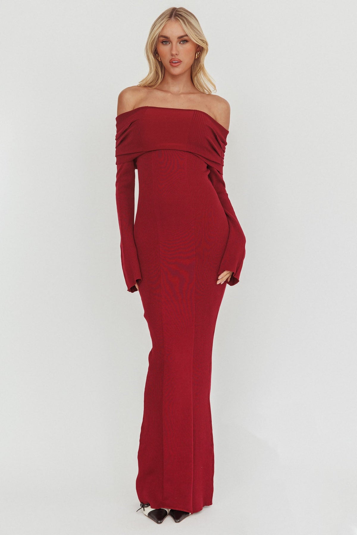 Aloura Off-Shoulder Ribbed Knit Maxi Dress Wine