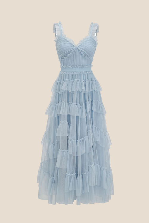V-neck Blue Ruffle Tiered A-line Long Dress