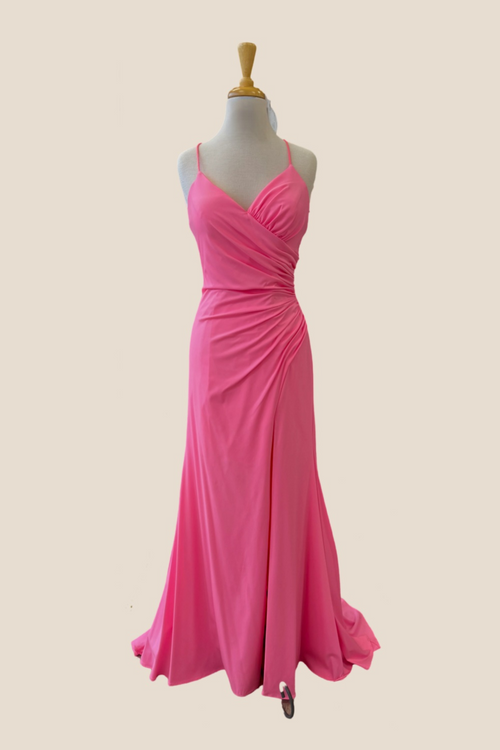 V-neck Bubblegum Pink Ruched Mermaid Long Dress