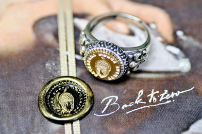 Acorn Latin Motto Fleur De Lis Signet Ring - Backtozero B20 - 12f, 12mm, 12mm ring, 925 Silver, accessory, acorn, Fleur de Lis, him, Intaglio, Intaglio ring, jewelry, latin, latin motto, Message, patience, ring, seal, seal ring, signet, size 10, size 11, size 8, size 9, time, wax seal, wax seal stamp