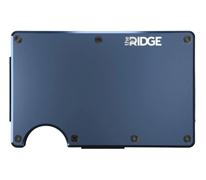 Ridge Alpine Navy aluminum minimalist wallet, front view with cards fanned from the injector