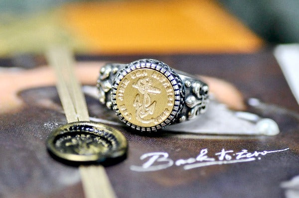 Anchor Latin Motto Fleur De Lis Signet Ring - Backtozero B20 - 12f, 12mm, 12mm ring, 925 Silver, accessory, Anchor, Fleur de Lis, him, Intaglio, Intaglio ring, jewelry, knowledge, latin, latin motto, Message, Nautical, ring, seal, seal ring, signet, size 10, size 11, size 8, size 9, wax seal, wax seal stamp