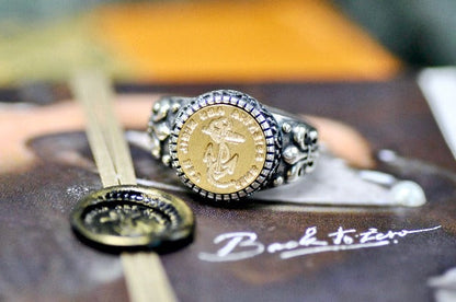 Anchor Latin Motto Fleur De Lis Signet Ring - Backtozero B20 - 12f, 12mm, 12mm ring, 925 Silver, accessory, Anchor, Fleur de Lis, him, Intaglio, Intaglio ring, jewelry, knowledge, latin, latin motto, Message, Nautical, ring, seal, seal ring, signet, size 10, size 11, size 8, size 9, wax seal, wax seal stamp