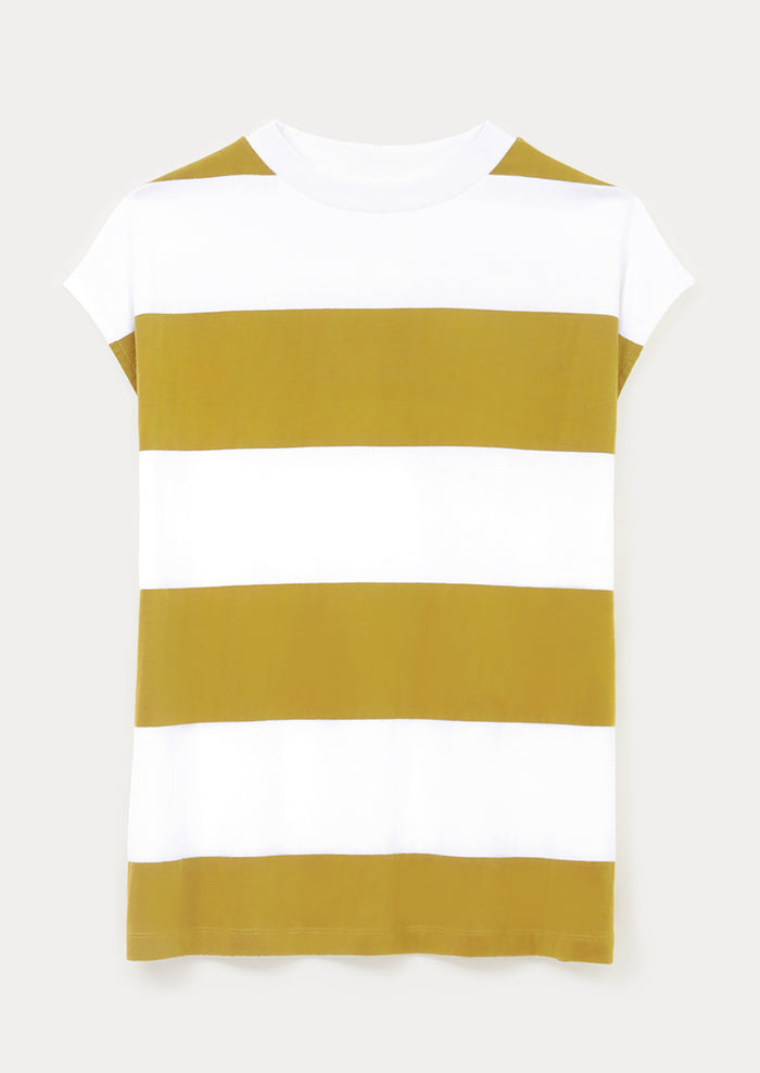 A woman wearing a white and mustard striped muscle tee.