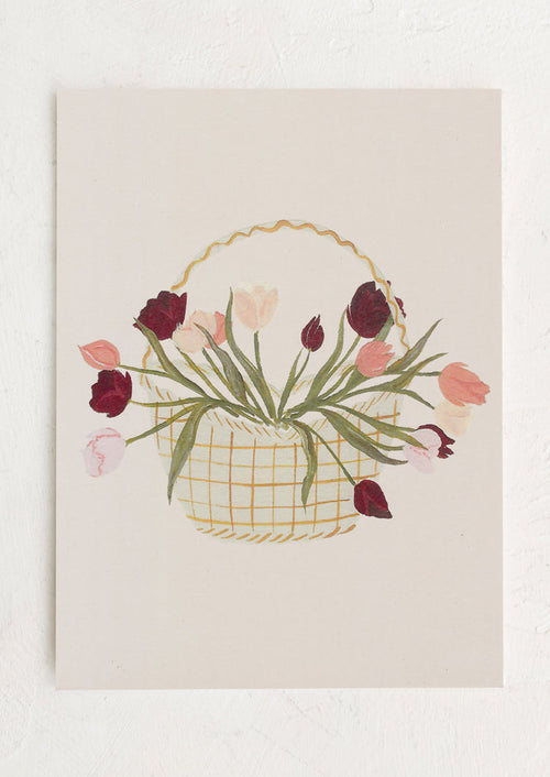 An art print with cream background and illustration of basket of tulips.
