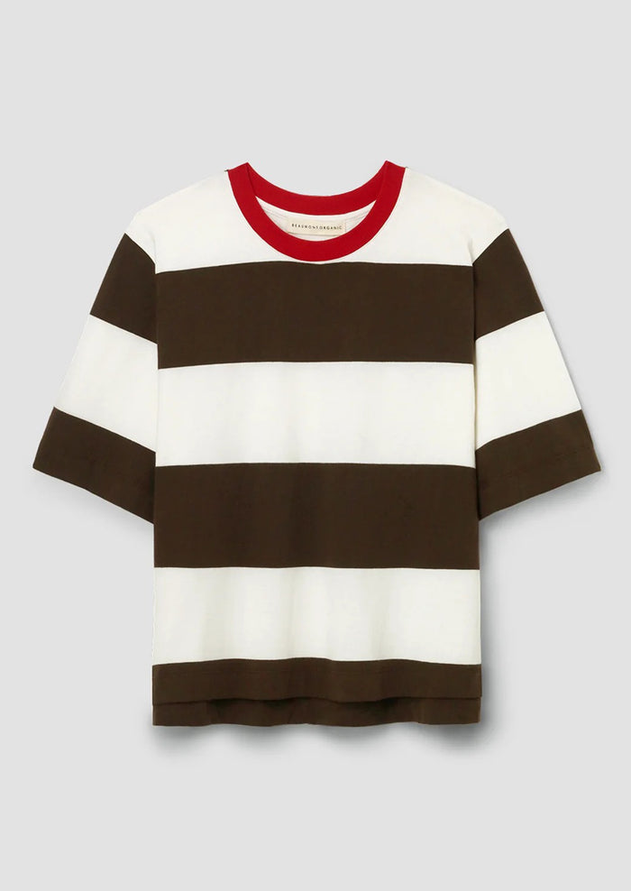 Striped shirt with brown and white horizontal stripes and red contrast collar.