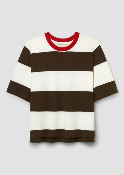 Striped shirt with brown and white horizontal stripes and red contrast collar.