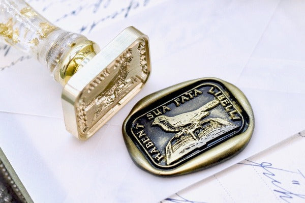 Bird & Book Latin Motto Wax Seal Stamp - Backtozero B20 - antique, determination, knowledge, latin, latin motto, Message, Retro, rounded rectangle, Signature, signaturehandle, wisdom