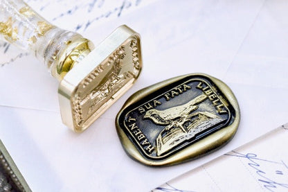 Bird & Book Latin Motto Wax Seal Stamp - Backtozero B20 - antique, determination, knowledge, latin, latin motto, Message, Retro, rounded rectangle, Signature, signaturehandle, wisdom