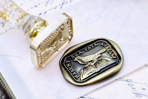 Bird & Book Latin Motto Wax Seal Stamp - Backtozero B20 - antique, determination, knowledge, latin, latin motto, Message, Retro, rounded rectangle, Signature, signaturehandle, wisdom