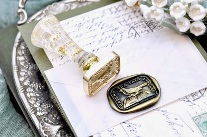 Bird & Book Latin Motto Wax Seal Stamp - Backtozero B20 - antique, determination, knowledge, latin, latin motto, Message, Retro, rounded rectangle, Signature, signaturehandle, wisdom