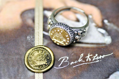 Boat Latin Motto Fleur De Lis Signet Ring - Backtozero B20 - 12f, 12mm, 12mm ring, 925 Silver, accessory, determination, Fleur de Lis, him, Intaglio, Intaglio ring, jewelry, latin, latin motto, Message, motivation, never give up, ring, seal, seal ring, signet, size 10, size 11, size 8, size 9, wax seal, wax seal stamp