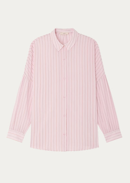 A button front shirt in pink with fine multicolor pinstripe pattern.