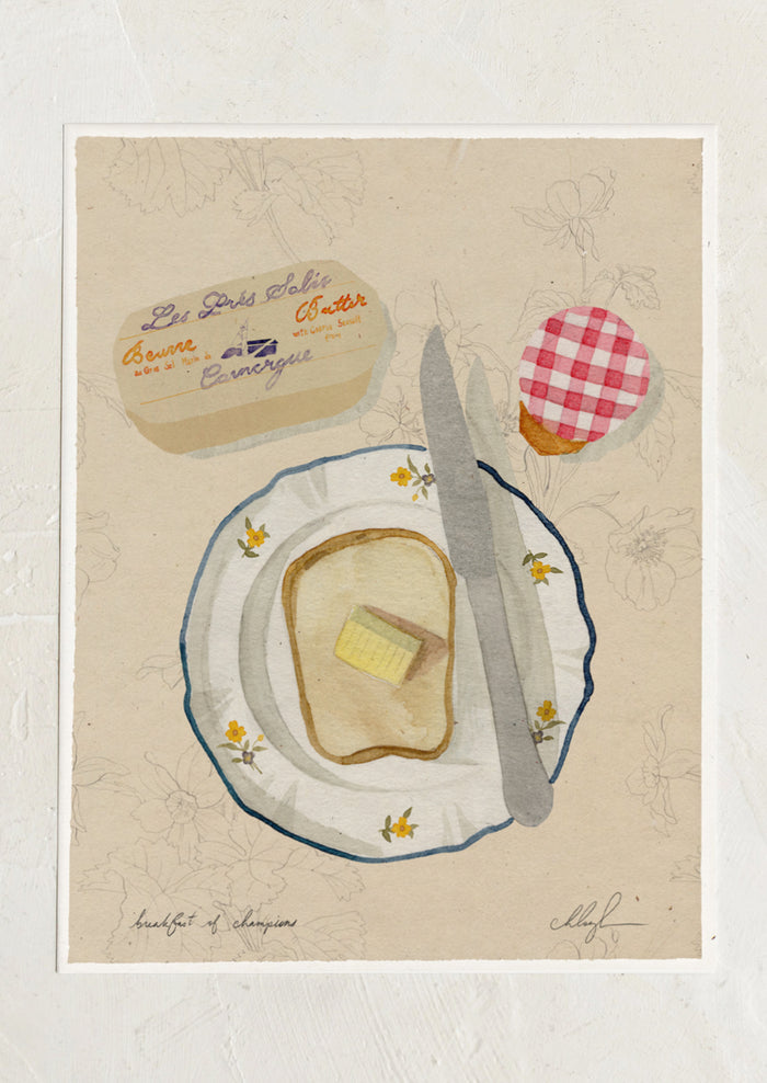 An art print of an illustration of a piece of toast on a plate with butter and jam.