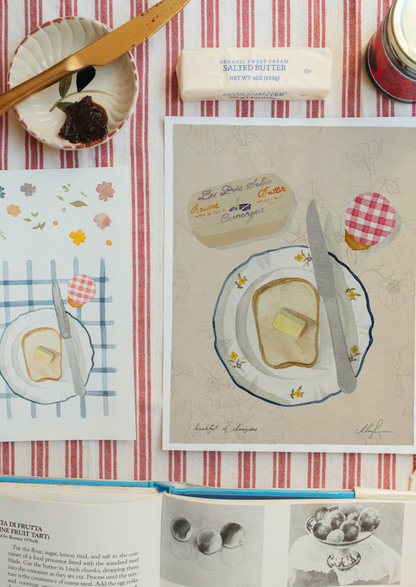 An art print of an illustration of a piece of toast on a plate with butter and jam.