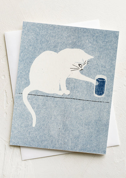 A card with image of cat touching glass of water.
