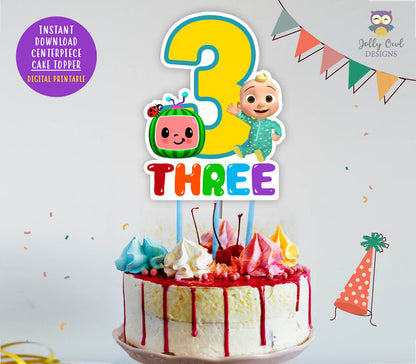 Cocomelon Birthday Party - Digital Printable Cake Centerpiece or Topper for AGE 3 - Jolly Owl Designs